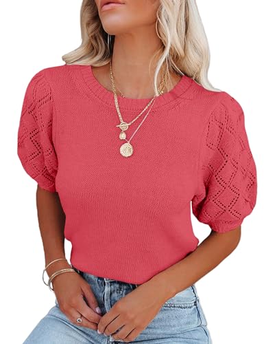 Image of Womens Short Sleeve Sweaters Crewneck Knit Pullover Tops 2025 Summer Casual Lightweight Crochet Blouse Shirt
