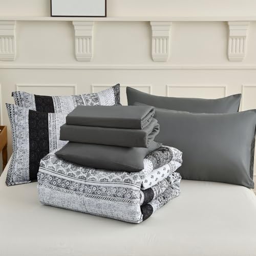 Image of Cottolester Boho King Size Comforter Set 8 Pieces,Gray Bohemian Striped Bed in a Bag,Floral Soft Microfiber Bedding Comforter Set