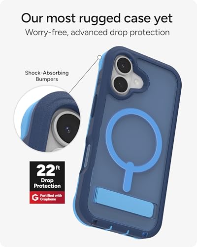 Image of ZAGG Rainier Case with Kickstand for iPhone 17 - Blue Cobalt Horizon, Graphene 22ft (7m) Drop Protection, Lanyard Attach Points, MagSafe, Wireless Charging Compatible, 2-Piece Design, Phone Case