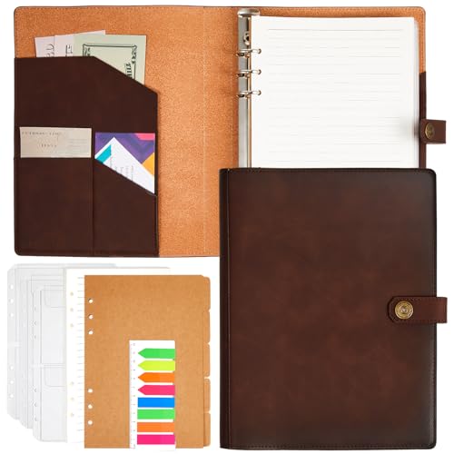 AmazingSpark A5 Genuine Leather Binder 6 Ring with Pockets, Dividers, Refill Paper, Inserts, Refillable Planner Binder Leather Refillable Journal Notebook Back to School Supplies for Men Women, Brown