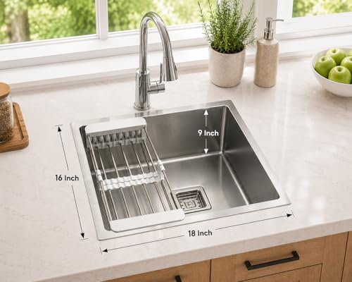 Image of Handmade Stainless Steel Kitchen Sink 18x16 Inch | Single Bowl Sink with Fruit Drain Basket | With SS Waste Coupling & PVC Pipe | Heavy Gauge Kitchen Sink