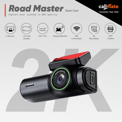 Image of CALLMATE Road Master 2K Ultra HD Dashboard Camera, 1.47 inch IPS Display, (G-Sensor, Built in Speaker, TF Card Slot) with Easy Installation (App Control, 140 Wide Angle Lens) Support Upto 256 GB