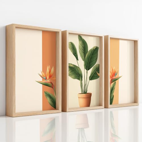 Lienzo botánico de alta calidad con hojas de palmera y flores frescas en set de 3 láminas A4