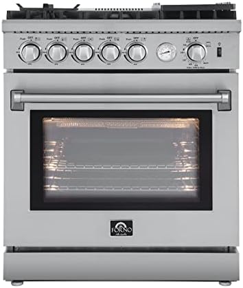 FORNO Lazio Full Gas 30" Inch. Freestanding Range with 5 Italian Sealed Burners Cooktop - 4.32 Cu.Ft. Stainless Steel Convection Oven Includes Cast Iron Accessories