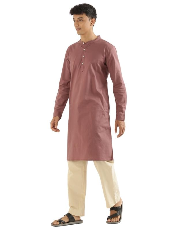 Image of SAADAA Men's Long Kurta - Linen Cotton Blend, Airy Fabric, Regular Fit, Mandarin Collar, Solid Color - Casual, Festive & Ethnic Wear