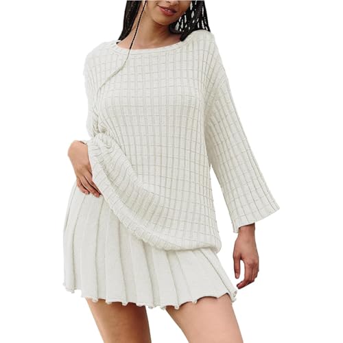 Image of Sweater Set Two Piece Skirt Sets for Women Long Sleeve Two Piece Outfits Loose Knit Pullover Mini Skirt