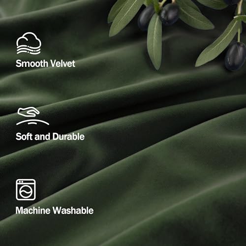 Image of Olive Green Velvet Back Tab Curtains 90 Inches Long 2 Panel for Living Dining Room Rustic Neutral Cottagecore Elegant Heavy Drape Decorative Moss Green Curtain for Bedroom Movie Theater French Country