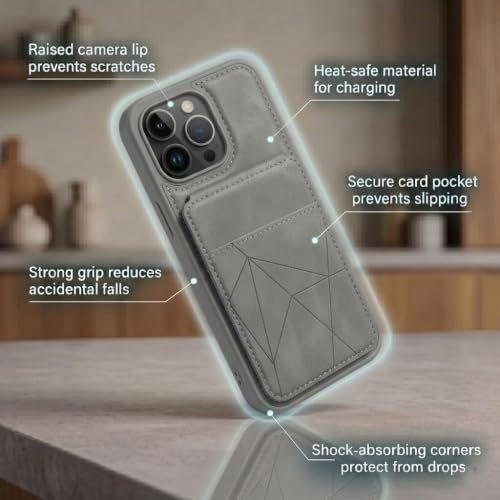 Image of amazon basics Premium Vegan Leather Back Cover with Card Holder and Integrated Mobile Stand for iPhone 15 Pro Max - Slim Shockproof Wallet Case with Geometric Stitching [Gray]