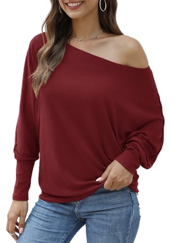 Image of Aifer Women's Off The Shoulder Tops Sexy Long Sleeve Shirts Oversized Fashion Casual Batwing Sweaters Pullover Tunic Tops