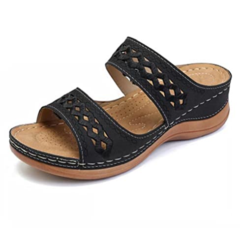 Fublazeze Orthopedic Sandals, Women's Walking Slippers with Arch Support, Anti-Slip, Breathable Sandals - Vintage Slip On Flip Flops - Dressy Summer Flats, S-black, 9