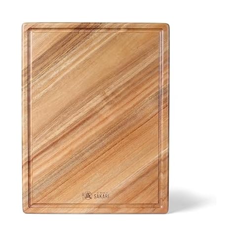 MITSUMOTO SAKARI Japanese Acacia Wood Cutting Board, 16 × 11 in Kitchen Cutting Board for Meat Vegetables Cheese, Pure Natural Textured Chopping Board with Juice Groove Cover