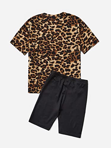 Image of WDIRARA Girl's 2 Piece Summer Outfits Sets Leopard Print Tee Round Neck Short Sleeve T Shirt and Biker Shorts Sets