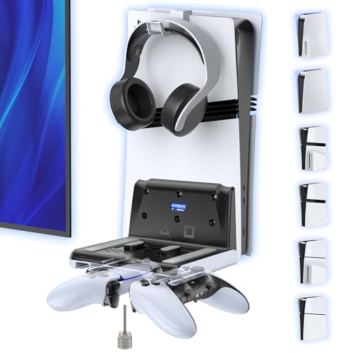 P5 Wall Mount Kit with Controller Holder Compatible with P5/Slim/Pro Disc & Digital Pa5 Mount Floating for Gaming Accessories Compact Pa5 Vertical Wall Shelf Organizer Bracket with Headphone Hook