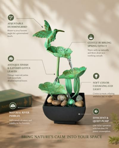 Image of Vintage Hummingbird Tabletop Water Fountain - Zen Home Office Decor - Gentle Bubbling Spring Indoor Zen Decor with Low-Noise Pump, LED Light, Natural River Rocks, Inline Switch & USB Adapter