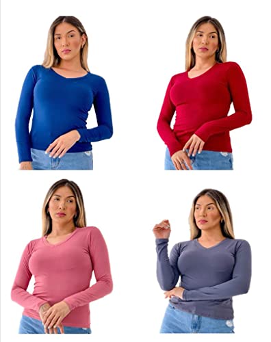Kit 4 blusas Gola V Manga Longa Feminina (G, Preto/Cinza-Escuro/Vinho/Azul-Marinho)