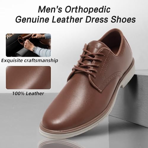 Orthopedic Business Leather Dress Shoes: Cushion Arch Support Flat Feet Formal Plain Toe Office Work Patent Tuxedo Oxfords, Soft Plantar Fasciitis Diabetic Casual Fashion Sneakers Brown Size 93
