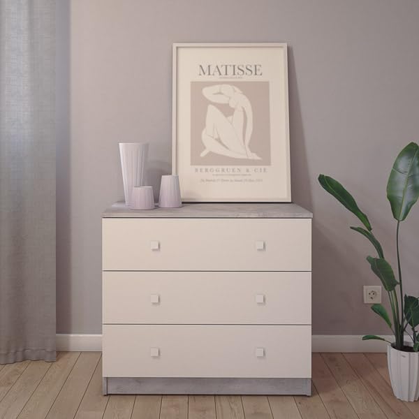 Meyvaser.com Ecommerce Company Cómoda con 3 Cajones, para Dormitorio, Acabado en Color Cemento Blanco, Medidas: 80 cm (Ancho) x 70 cm (Alto) x 48 cm (Fondo)