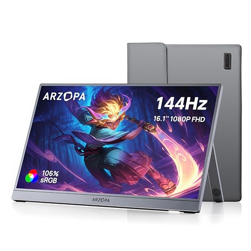 ARZOPA 16.1'' 144Hz Portable Gaming Monitor, 106% sRGB 1080P FHD Kickstand Portable Monitor with HDR, Ultra Slim, Eye Care, External Second Screen for Laptop, PC, PS5, Mac, Xbox-Z1FC Gray