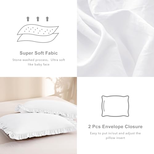 Image of QSH Bright White Shabby Boho Chic Ruffled Comforter King Size,3PCs Farmhouse French Country Ruffle King Bed Comforter Vintage Rustic Bedding Comforter Set Ultra Soft Lightweight Microfiber Fluffy Bed
