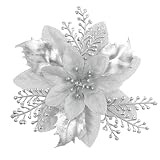 Christmas Tree Decorations 6“ Glitter Poinsettia Flowers - 24 Pcs Christmas Artificial Flowers for Tree Ornaments with Clips, Festive Decorations for Wreath, Mantel & Home Christmas Decor, Sliver
