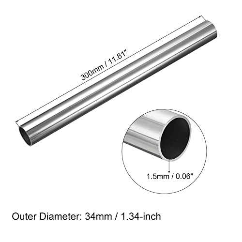 QUARKZMAN 304 Edelstahl Rohr 34mm Außendurchmesser, Runde Nahtlose Edelstahlrohr 1.5mm Wandstärke, Edelstahl Gerade Rundrohr 300mm Länge, Silber Metallrohr für Industrie Heim Gartendeko
