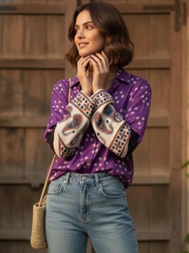 Image of GRECIILOOKS Women Printed Formal Shirt | Stylish Office Top | Casual Full Sleeve Shirts | Trendy Summer Tops | Smart Casual Printed Top for Women's | French Crep Button Down Modern Fit