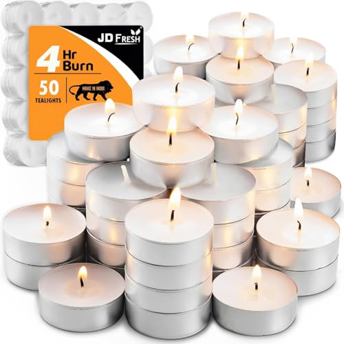 Image of JD Fresh 50 Pieces Tealight Candles for Diwali/Smokeless & Dripless Candle/4-Hour Long Burning Time Each/Paraffin Wax Unscented Tealight Candles for Home/Wedding/Special Occasion/Emergencies (White)