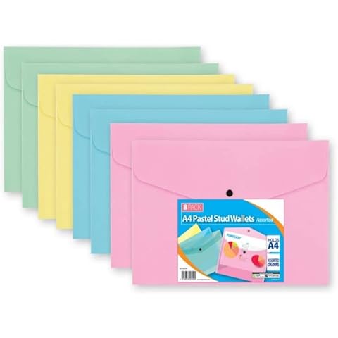 A4+ Stud Wallets Assorted Pastel Colour Plastic Popper Wallets- File/Folder Documents Storage for Office & School Stationery Supplies- (Pack of 8 Folders) Cover