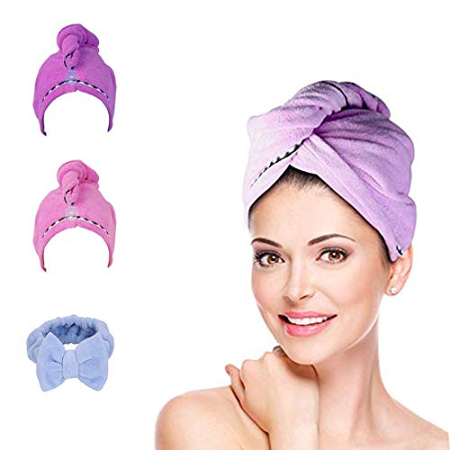 Hair Towel Wrap, Hair Drying Towels, Quick Dry Turban Microfibre Hair Hat Drying Shower Head Towels Bath Cap Hair Care Dryer Towel with Button for Women Girl Wet/Long/Curly/Thick Hair (3Pack)