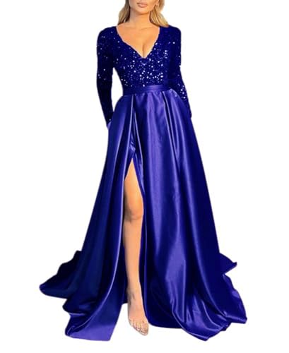 Fanciest V Neck Long Sleeve Prom Dresses with Slit Sequin Satin Formal Evening Gowns
