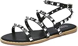katliu Women's Flat Sandals Strappy Studded Sandals Gladiator Sandals with Ankle Strap Black