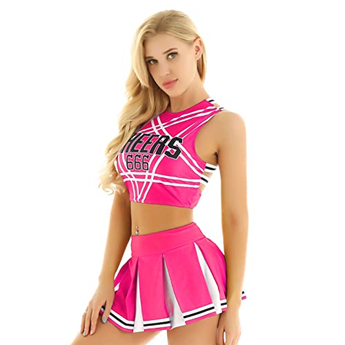 Mufeng Cheerleaders Costume Donna Sexy Uniforme Scolastica per Adulto Crop Top Palestra + Minigonna Gonna a Pieghe Corta Tuta Completo per Danza Moderna Rosa caldo S