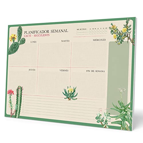 Planificador semanal A3 Botanical Cacti - Weekly planner : Planner Sin Fecha en Español - Organizador semanal escritorio [54 págs. con Alto Gramaje]