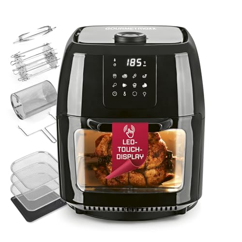 GOURMETmaxx Air Fryer XXL de 9L | Friteuse à air chaud avec minuterie, écran tactile, tournebroche et brochettes | Frire presque sans huil | 8 programmes | Idéal pour des poulets | 1800 W