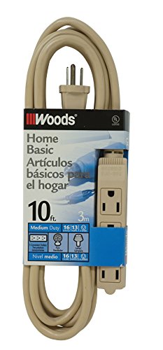Woods Light Duty Extension Cord, 10Ft, 16 Gauge, 3 Conductor, 3 Outlet Cord, SJTW, Beige, 2865