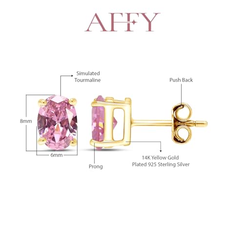 Birthstone Solitaire Stud Earrings for Women, 8x6mm Oval Cut Simulated Gemstone Studs in 14K Yellow Gold Plated 925 Sterling Silver Push Back Earrings, Jewelry Gift for Her2