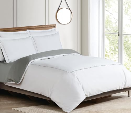 Majestic Giftware Madison Linen 4 Pcs 48" Full Size Duvet Bedding Set (BL53-48F-4pcs) Normandy - Gray 400 TC 100% Cotton Sateen |1 Fitted Sheet, 1 Duvet, 2 Pillowcases - Noble Collection