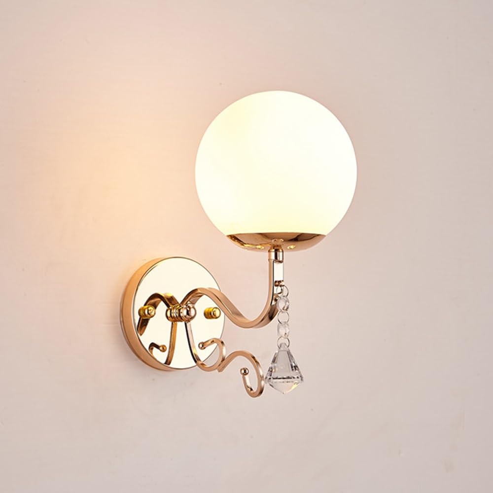 ITOSUI Globe Wall Sconce, Wall Light Fixture, Wall Lamp, Gold Wall Lighting, Retro Art Deco Iron E26 LED Milk Glass Shade Hanging Crystal Elegant Ambient for Bedroom Living Room Hallway(1-Pack)