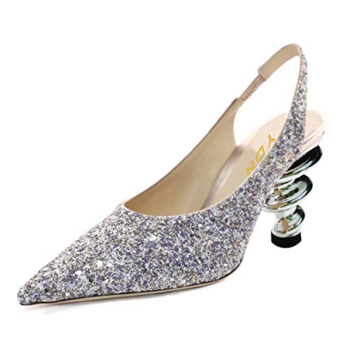 YDN Women Trendy Spiral Heels Slip On Sandals Slingback Elastic Pumps Pointed Toe Patent Glitter Party Shoes Glitter 8