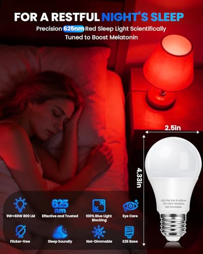 Image of Red Sleep Light Bulbs: A19 9W 625nm Red Light Bulbs for Sleeping, 100% Blue Light Blocking Dim Light Bulbs 60W Equivalent, E26 LED Bulbs for Mood Soothing, Bedroom and Baby Nursery, 2 Pack