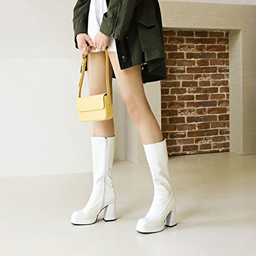 LanreyTaley Women Fashion Boots Platform Knee High Chunky Block High Heel Boots Zipper Cosplay Boots White Size 39 Asian