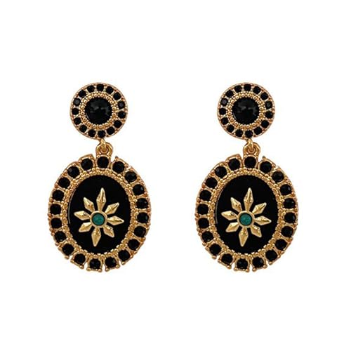 Generic French Vintage style Women's Gold Plated Octagrams Drop Earrings with Black Cubic Zirconias and Green Turquoise Stones, Black Color Base