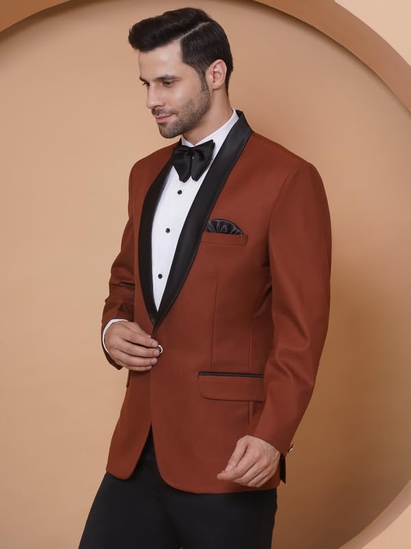 Image of FAVOROSKI Tuxedo Blazer for Men with 2 Pockets | Rayon Slim Fit Blazers | Ethnic Wear Tuxedos | One Button Solid Tuxedo Blazers in Shawl Collar | Blazer for Wedding, Festive, Formal