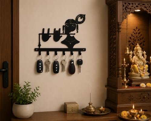Image of Ventuos Metal Wall Mounted Key Holder with 6 Hooks, Krishna Design, Key Organizer for Home Office Bedroom Entryway
