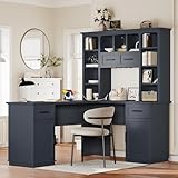 L Shaped Computer Desk with Drawers, Bookshelf & Hutch, Modern Corner Home Office Desk, L-Shaped Study Table Writing Corner Gaming Computer Desk with Storage (Antique Blue)