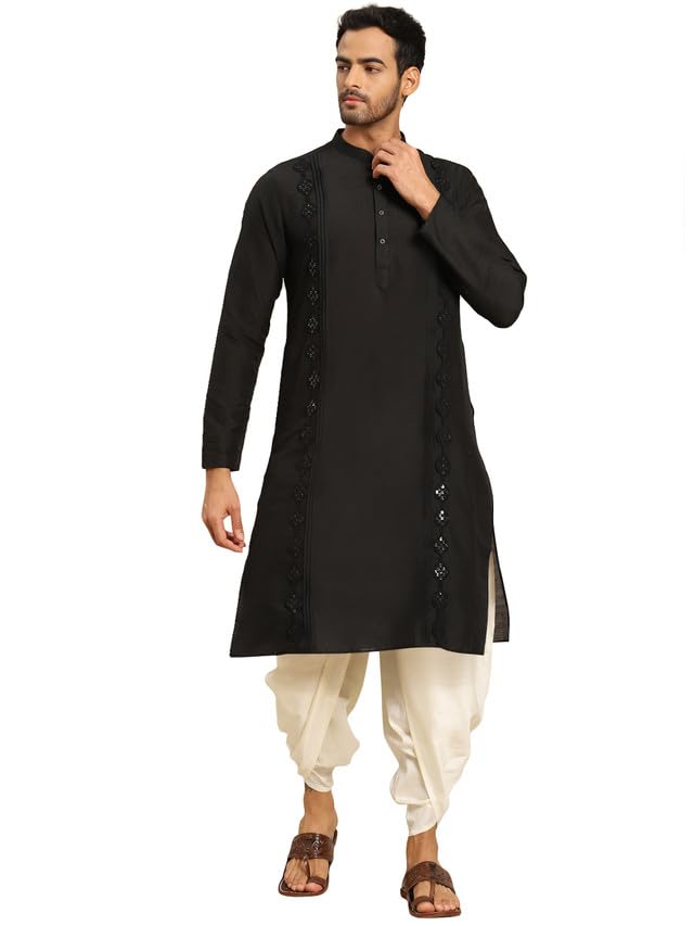 Kisah Mens Kurta Dhoti Set, Cotton Blend Solid Dyed Mandarin Collar Long Sleeves, Black Ethnic Wear Set For Men, 42