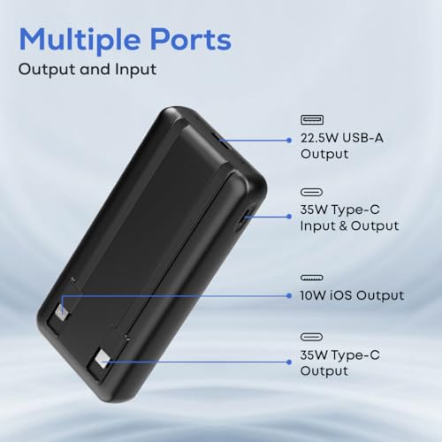 Image of pTron Dynamo Bolt 20000mAh Power Bank, Inbuilt Charging Cables, 35W Super Fast Charging,USB Type-C Input Power Bank Compatible with QC3.0 /PD3.0,4 Charging Outputs,Type-C Input /Output Port (Coal Black)