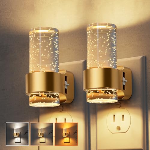 Image of L LOHAS LED Night Lights Plug into Wall, 2 Pack Mini Dimmable Night Light with Dusk-to-Dawn, Soft White /Cool White /Amber 3 Light Color, 0-100LM Adjustable Brightness, Bubble Nightlight for Hallway