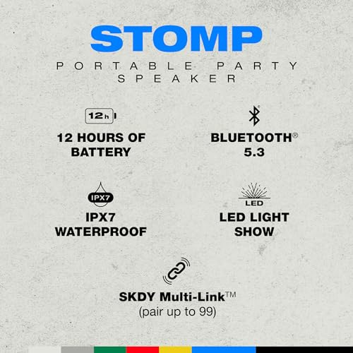 Skullcandy Stomp Bluetooth Speaker – IPX7 Waterproof Wireless Portable Speaker, with LED Lightshow & Strobe Modes, 12 Hour Battery, Multi-Link, & USB-C & USB-A Output Charging (Stomp, Black) - image 2
