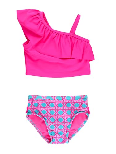 Image of RuffleButts Girls UPF50+ Sun Protection One Shoulder Ruffle Tankini Two Piece Swimsuit